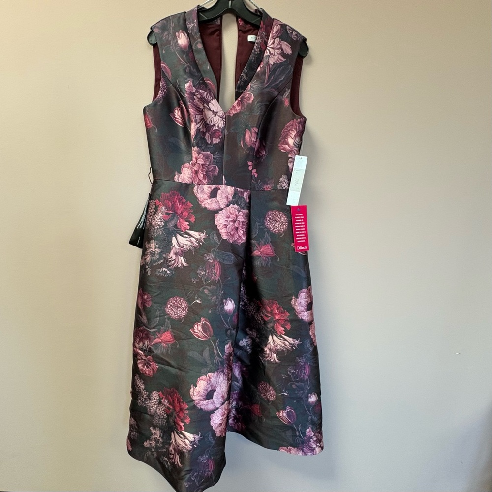 Kay Unger Floral Jacquard High-Low Cocktail Dress Burgundy Black Size 6 NWT